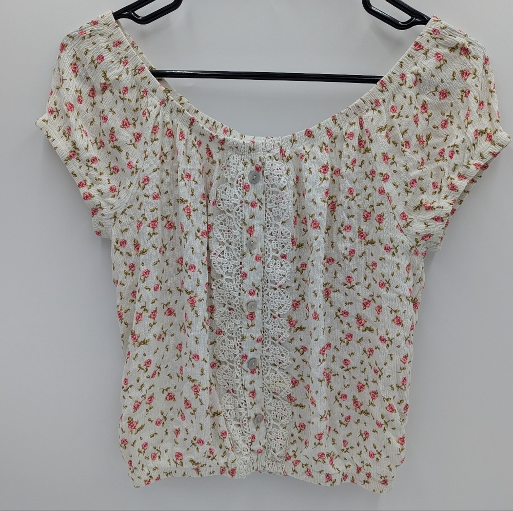 Self Esteem Floral Off Shoulder Women's Small Blouse Lace Beige Elastic Hem Boho